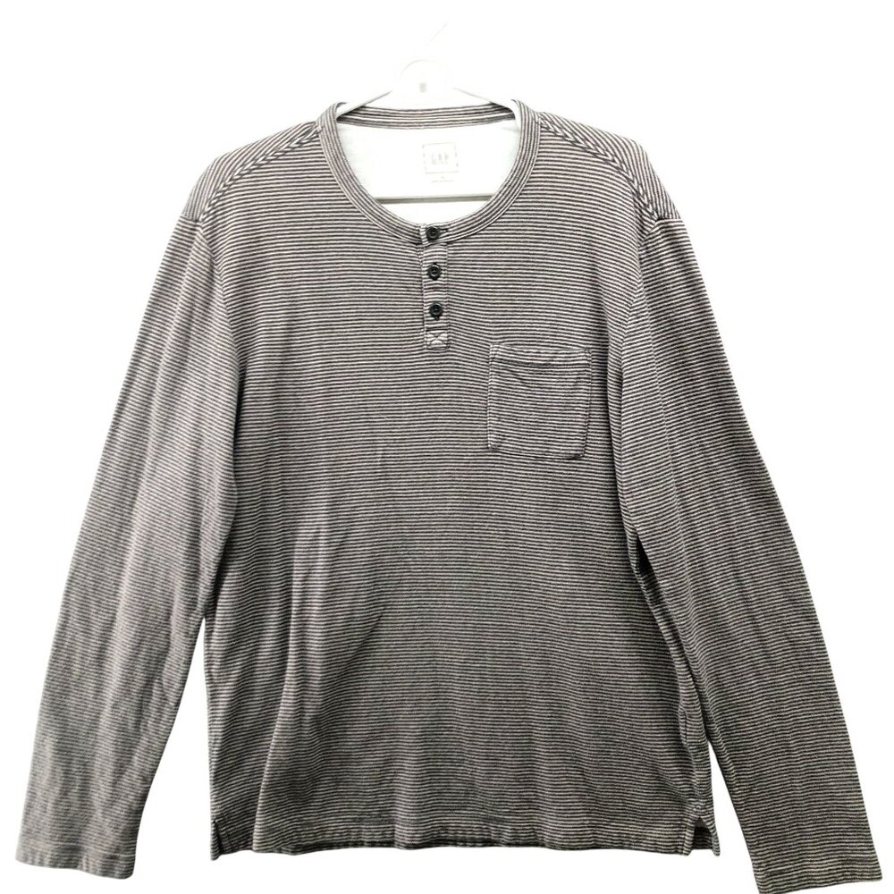 Gap Double Face Henley T Shirt Mens M Long Sleeve‎ Striped Brown Cotton Thermal